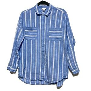 J. Jill Love Linen Button Down Shirt Long Sleeves Stiped Blue /White Size XS